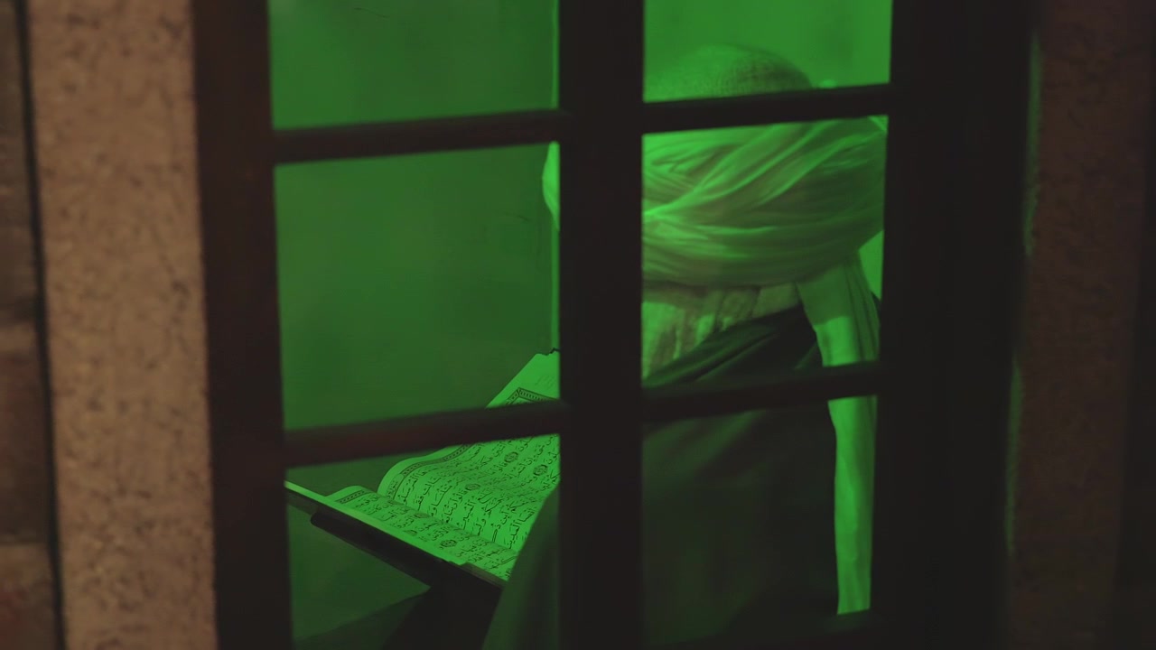 Man in Traditional Turban Reading a Book by Green Light