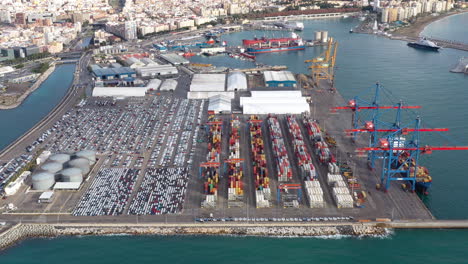 Hafen-Von-Malaga-Luftaufnahme-Voller-Container-Und-Fahrzeuge-Spanien