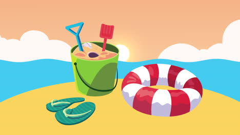 summer season on the beach with toys and floats