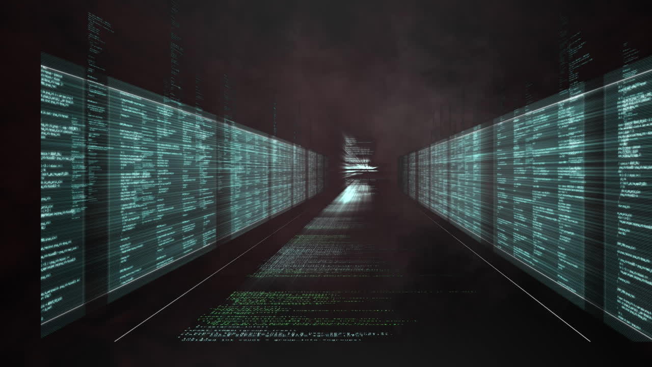 animación del túnel con procesamiento de datos sobre fondo negro y humo