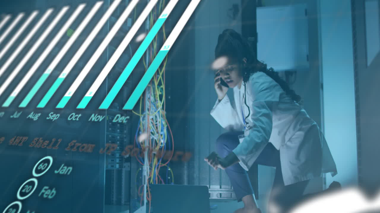 Animation of diagrams and data processing over biracial female worker in server room