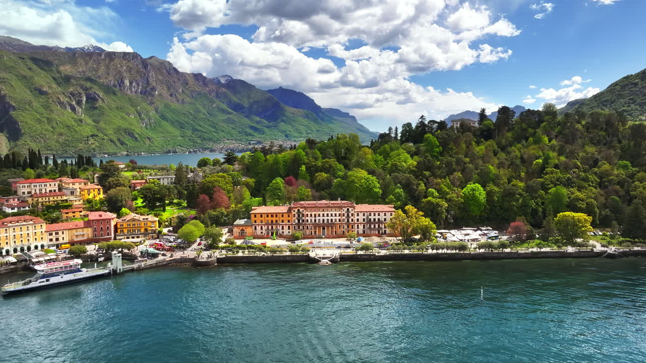 Aerial drone view of the village Bellagio on the shore of Lake Como, Italy