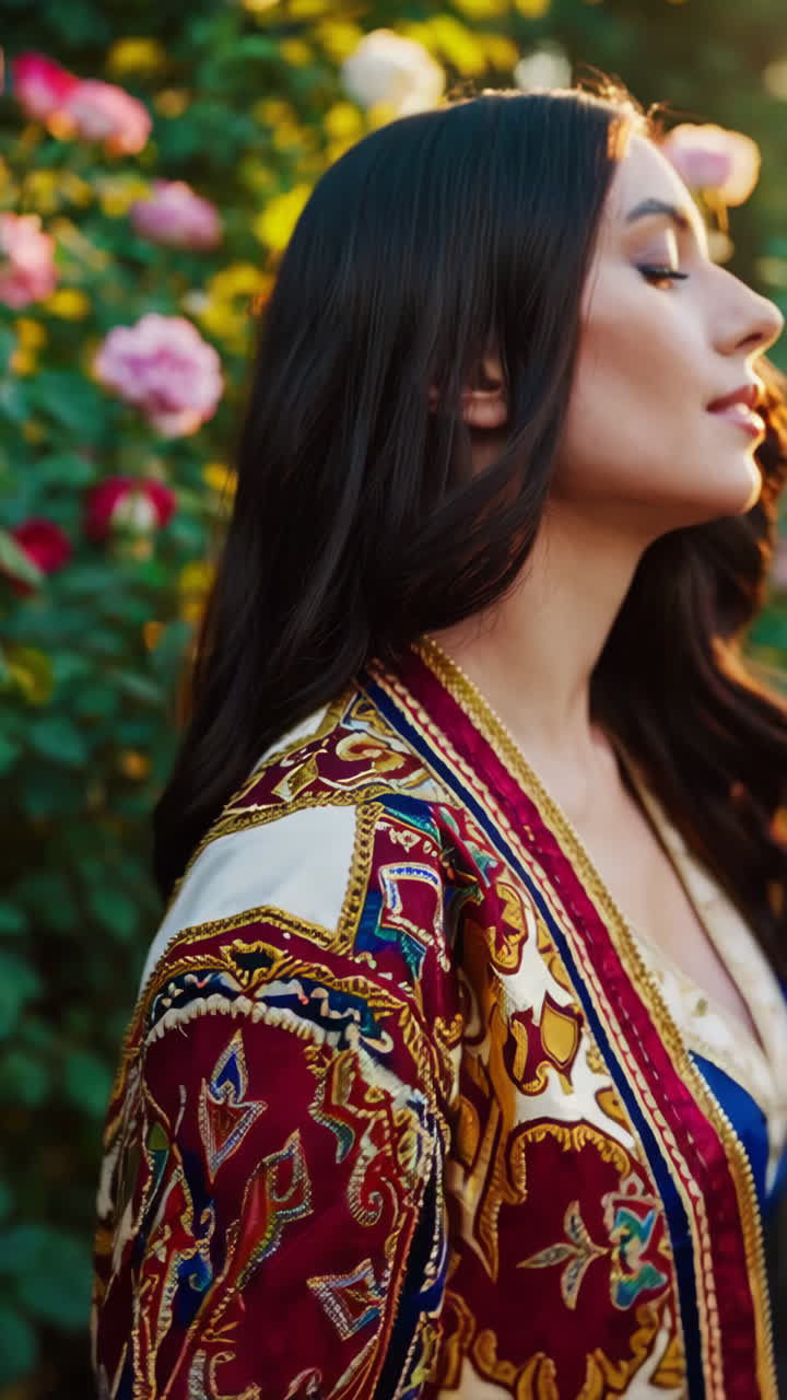 Woman in Traditional Clothing in a Rose Garden