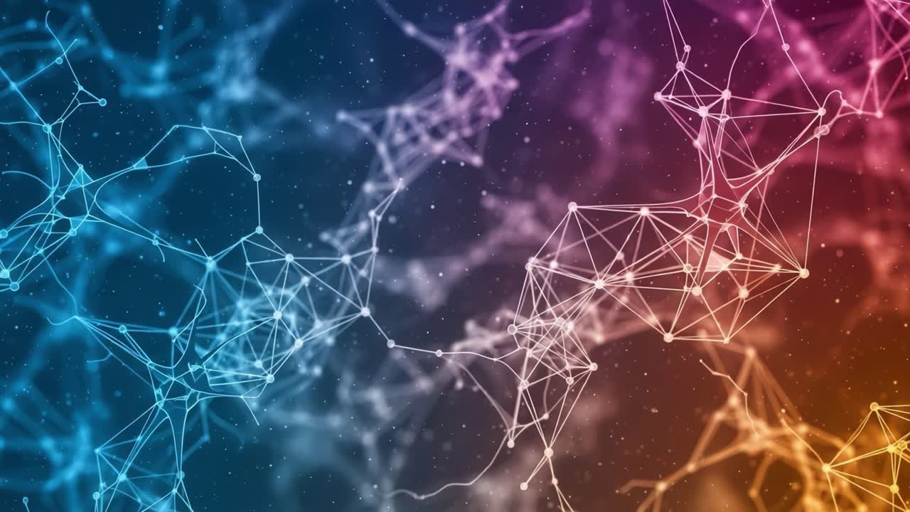 Abstract Network Visualization Highlighting Connectivity and Interactions between Nodes in a Colorful Digital Environment with Dynamic Patterns of Light