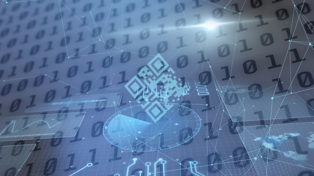 Animation of qr code and data processing over binary coding in background