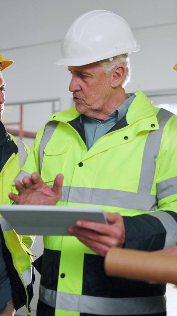 Construction Manager Discussing Project Plans on Tablet at Site