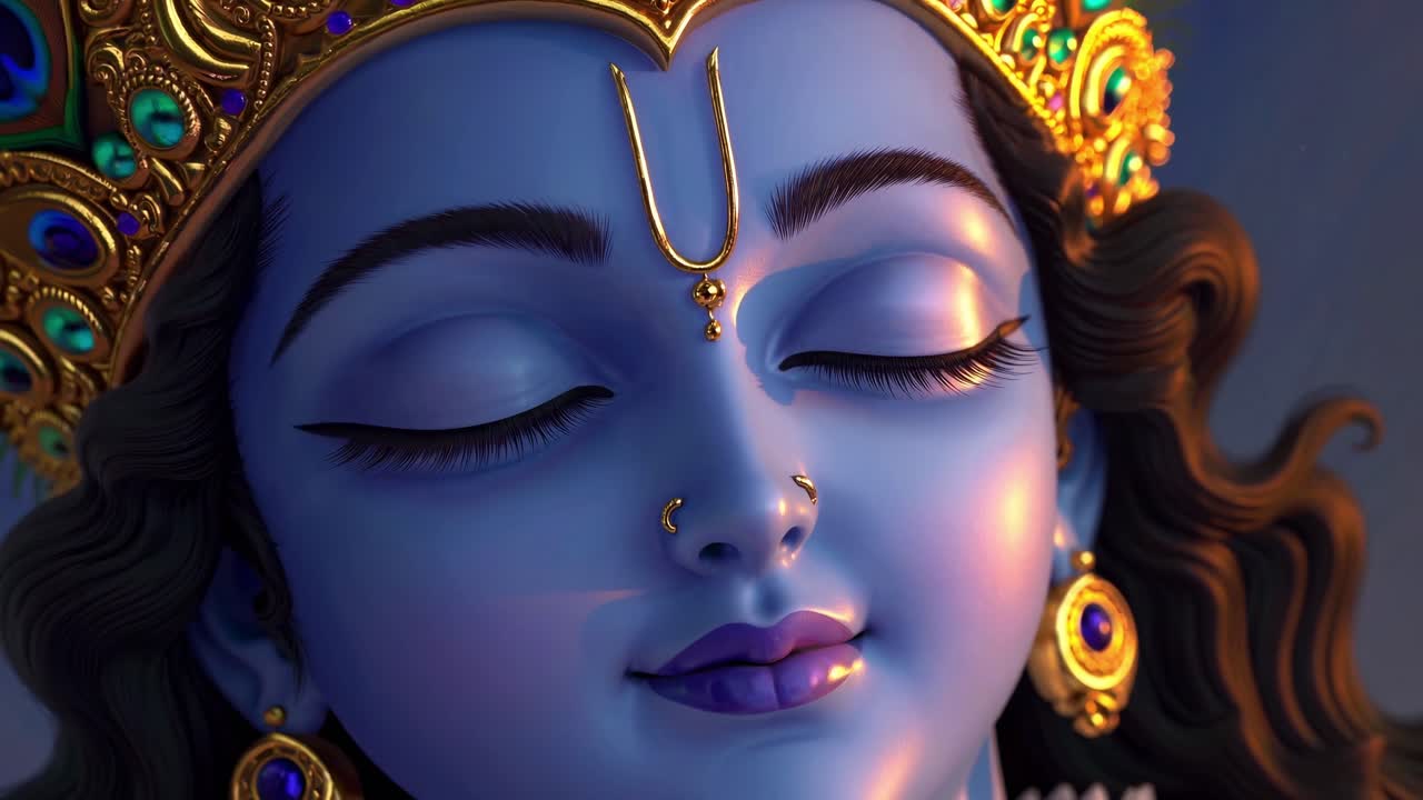 Meditative Krishna deity sitting peacefully, wearing golden jewelry, adorned with peacock feather, embodying spiritual tranquility in traditional Hindu representation