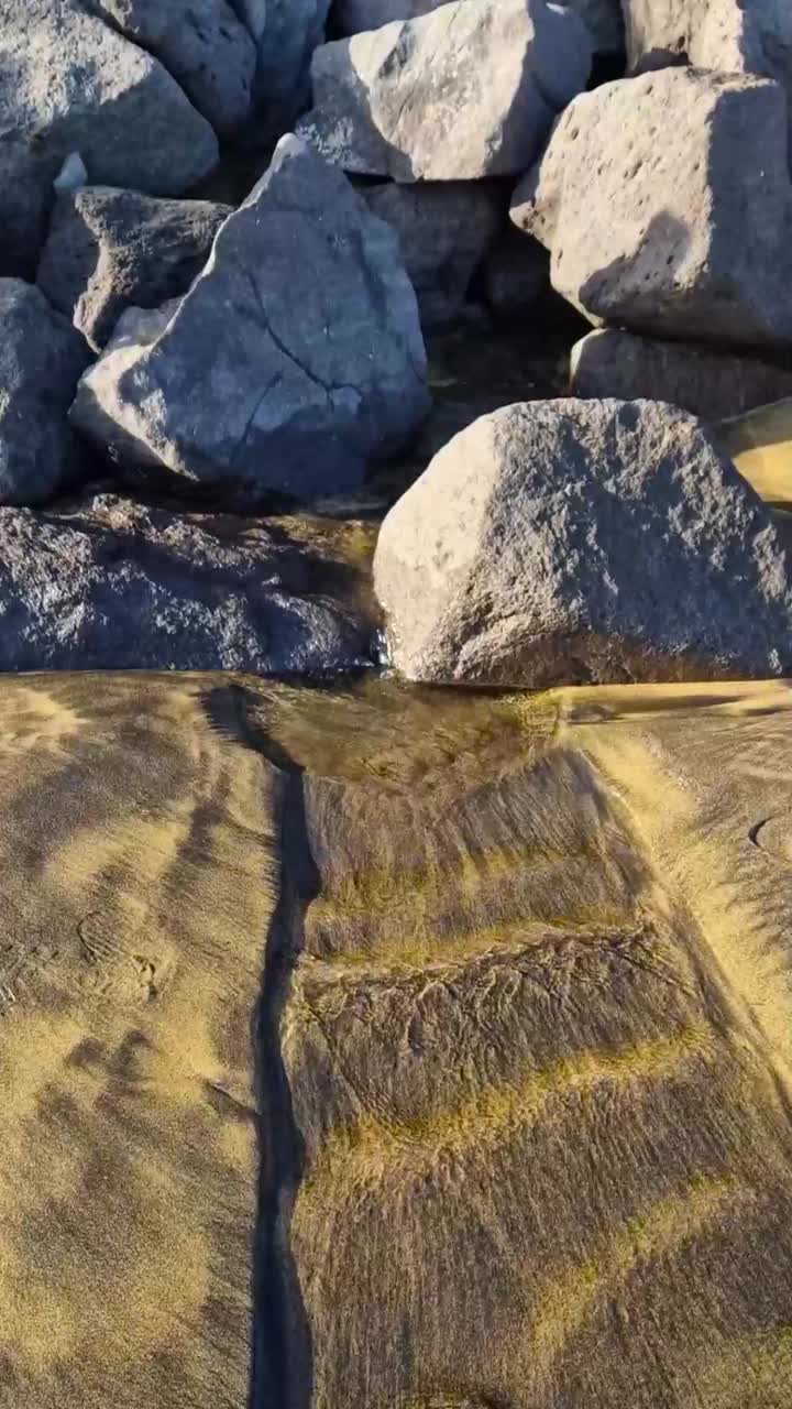 video vertical una pequeña corriente de agua que fluye en la arena de color marrón dorado a través de las rocas en gran canaria, españa, durante un día soleado mientras la cámara se levanta y revela más de la tierra delante de ella.