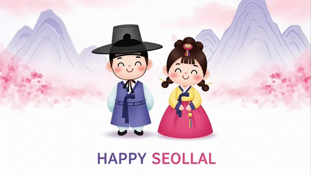 Happy Seollal greeting with Korean children in Hanbok and watercolor mountains