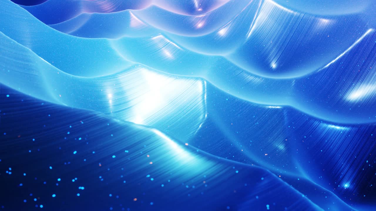 Stylish abstract blue surface as fantastical festive bg. Looped background, waves move on glossy surface like landscape made of liquid blue wax with sparkles. Beautiful soft bg with smooth animatin 4k