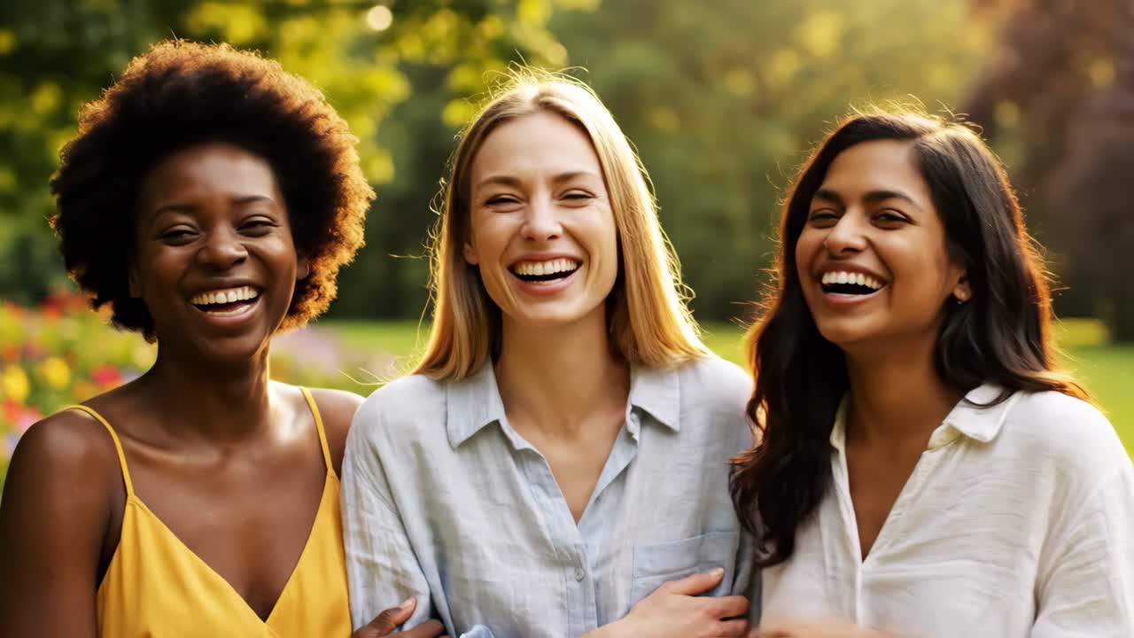 Three friends laughing together outdoors