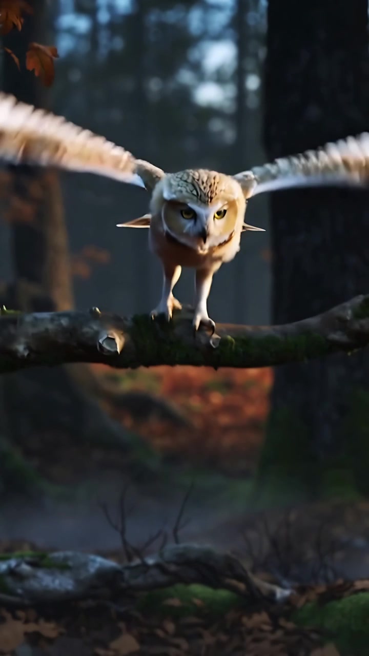 Verticale video: Spreidt vleugels, kleine uil zet zich af van een bemoste tak in het bos, krijgt lift.