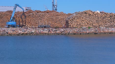 blue forest cargo truck working at dry cargo terminal at port of liepaja in sunny day with clear sky, wide shot over the port channel