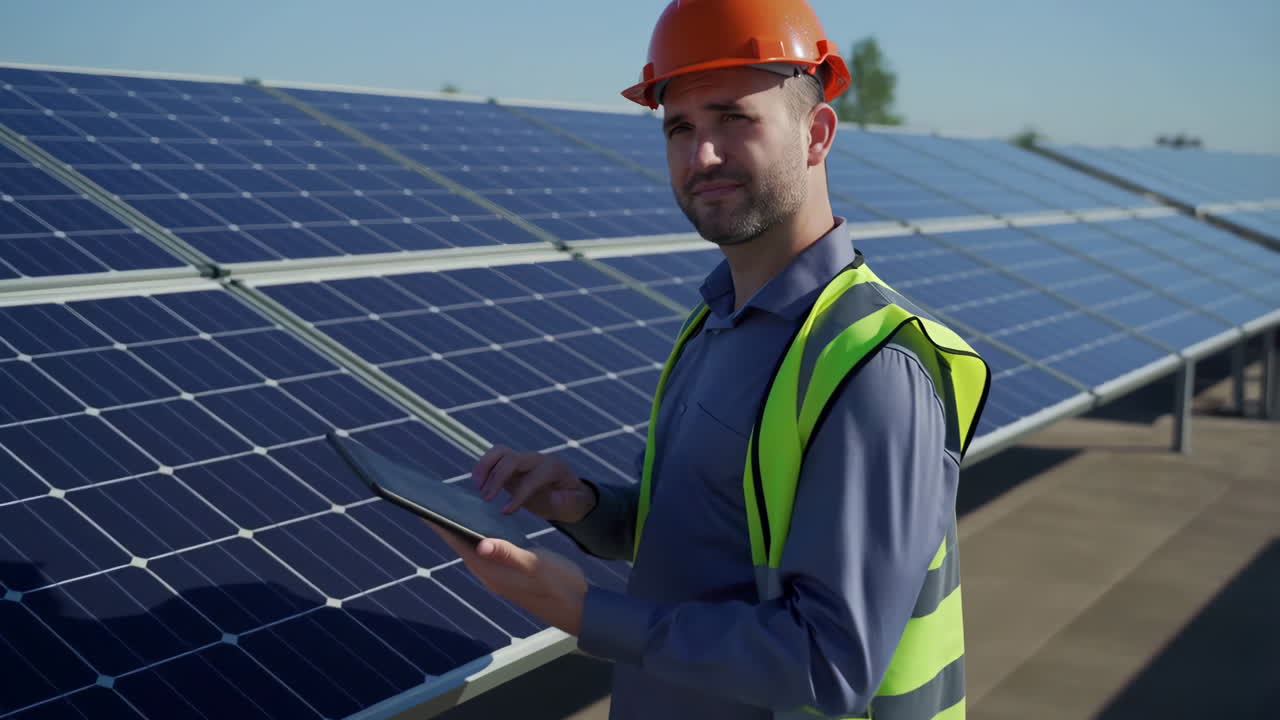 Engineer Inspecting Solar Panels on a Rooftop Solar Farm