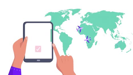 Animación-Del-Mapa-Mundial-Sobre-Las-Manos-Usando-Una-Tableta