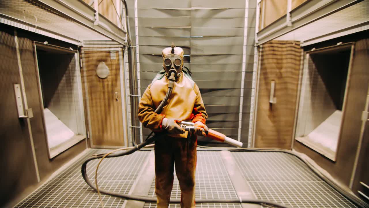 화학 가공 공장 에서 화학 고무 의복 과 호흡기 를 입은 노동자