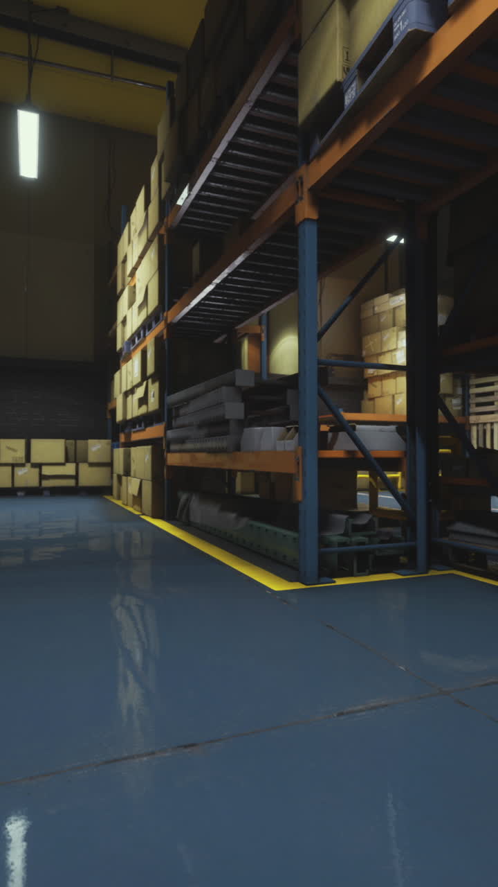 Industrial warehouse with organized shelving and glossy floor in soft lighting
