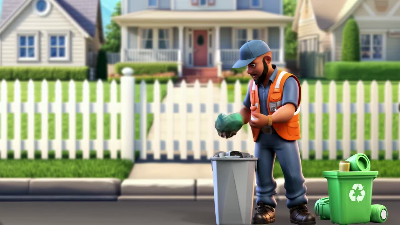 Un'inquadratura dal basso di un operaio animato con un giubbotto di sicurezza che smista i rifiuti nei bidoni in un'area suburbana