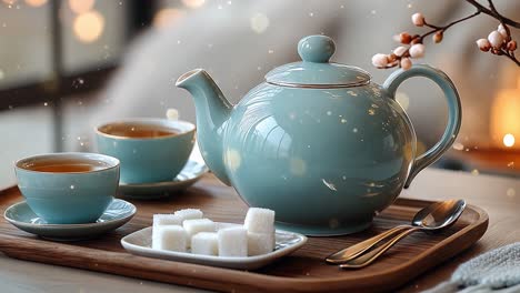 still life with teapot, cups, and sugar cubes