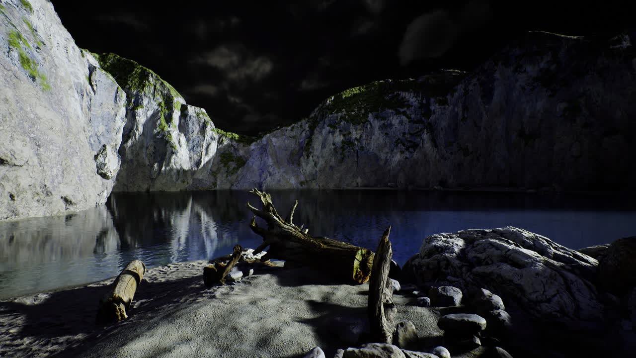 Tranquil lake surrounded by cliffs reflects the night sky with vibrant colors