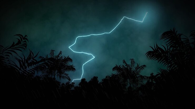 Animazione di fulmine che si abbatte su palme e cielo nuvoloso tempestoso.