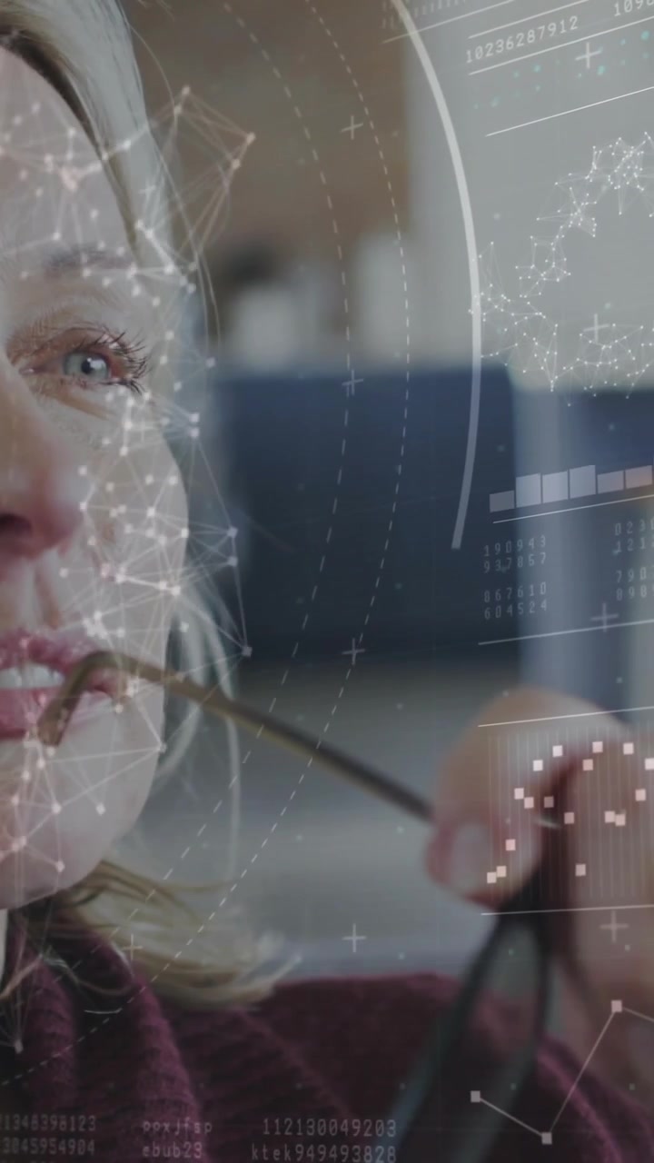 Adjusting glasses, woman interacting with animation on transparent screen in school