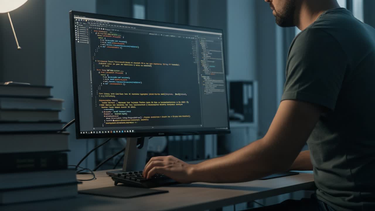Focused Programmer Engaged in Coding on Computer Display Amidst Shelves of Books, Representing the Essence of Software Development and Modern Technology in a Dimly Lit Environment