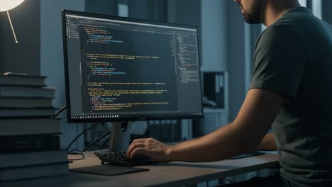 focused programmer engaged in coding on computer display amidst shelves of books, representing the essence of software development and modern technology in a dimly lit environment