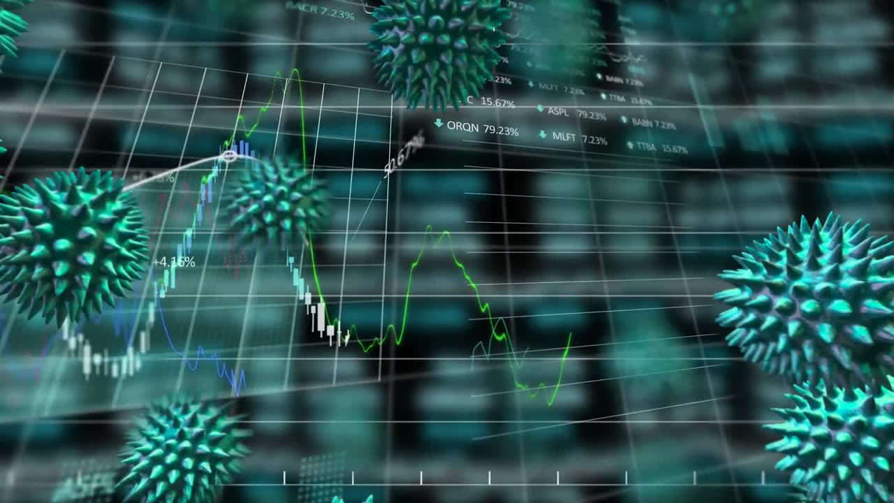 animación de la propagación de las células verdes del coronavirus con procesamiento de datos en segundo plano