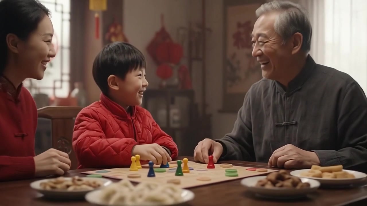 旧正月にボードゲームを楽しむ中国人の家族