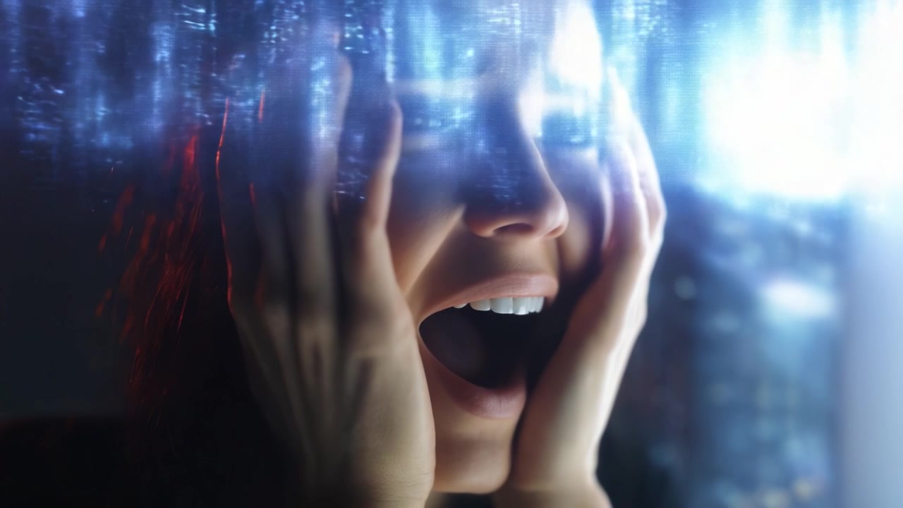 El viaje emocional de una mujer: Experimentando miedo y alegría en medio de un mundo digital futurista con visuales cautivadores y expresiones de emoción pura.