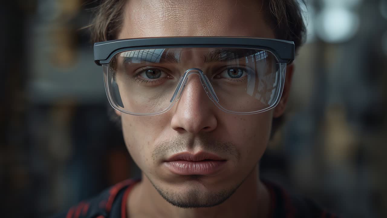 Camera starting man wearing clear goggles holding gaze at workshop preparing with grid reflection
