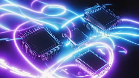 microchips with neon light trails: data flow and connectivity concept