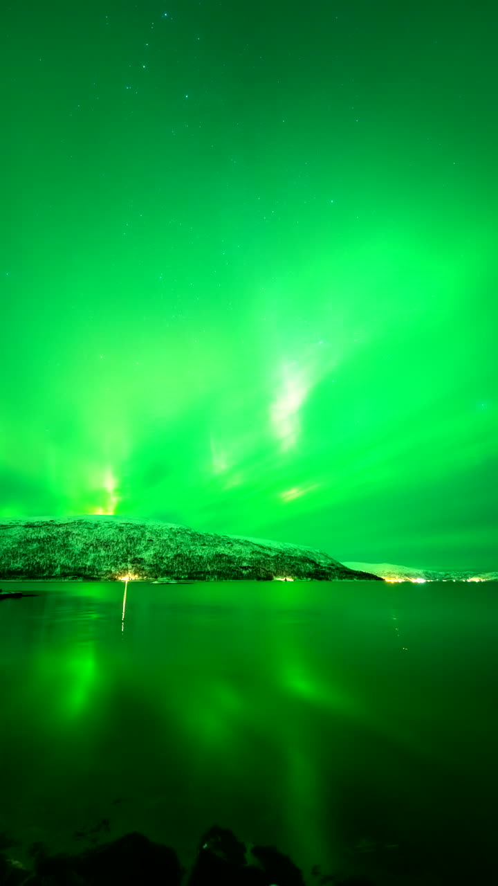 Aurora borealis, display of green lights in polar skies, vertical