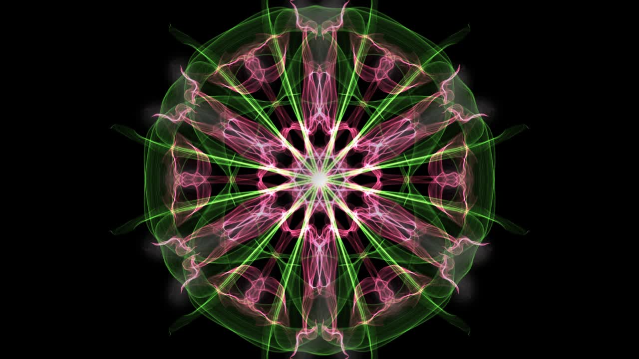 mandala verde y púrpura, animación fractal en fondo negro, hermoso ornamento decorativo