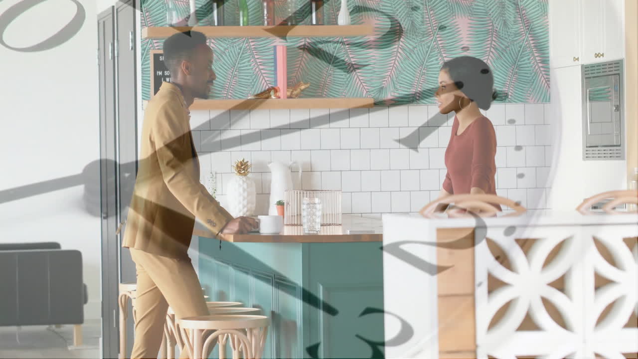 Animation of clock moving over diverse colleagues talking in office