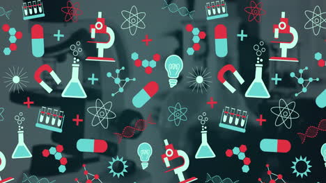 iconos de conceptos científicos que se mueven contra el equipo de laboratorio
