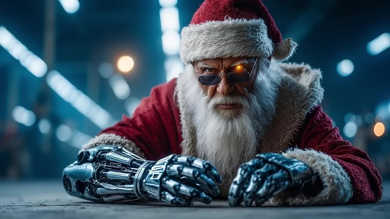 A santa claus with a robotic hand on the ground