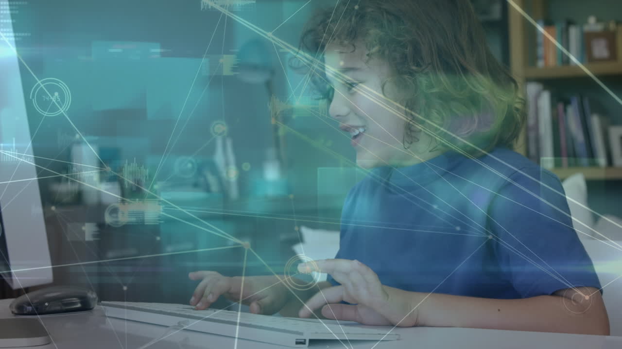 red de conexiones y procesamiento de datos contra un niño caucásico que usa computadora