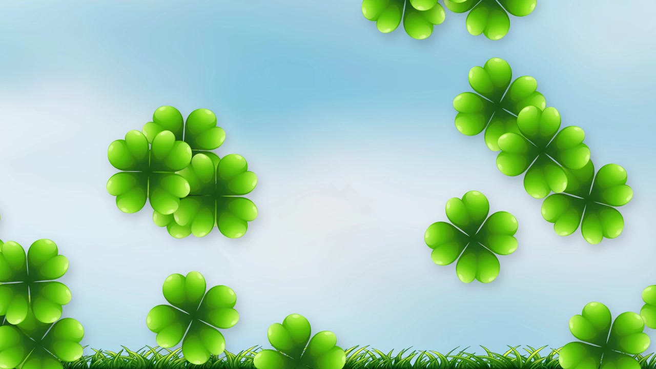 Green four leaf clovers float and rotate against a bright blue sky and grass.