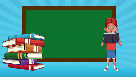 niño estudiante leyendo libros en el aula personaje animado