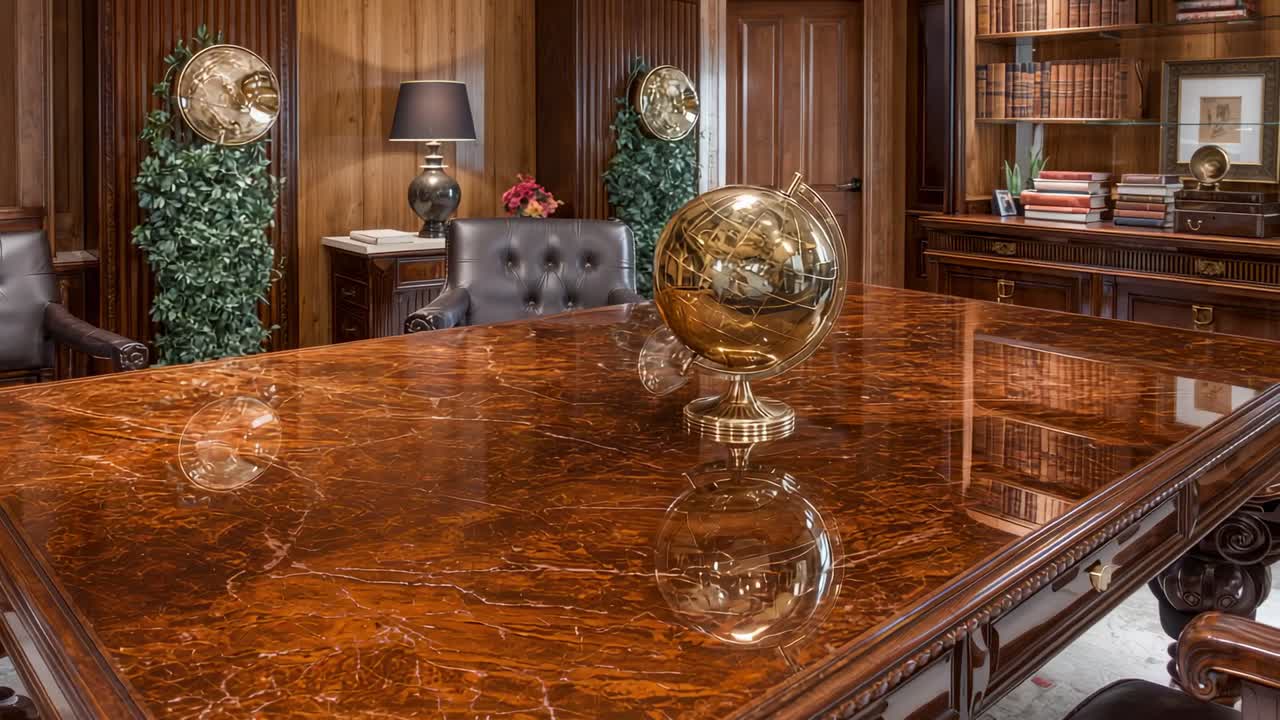 Camera remaining fixed on mahogany desk topped by golden globe in study, featuring leather chair