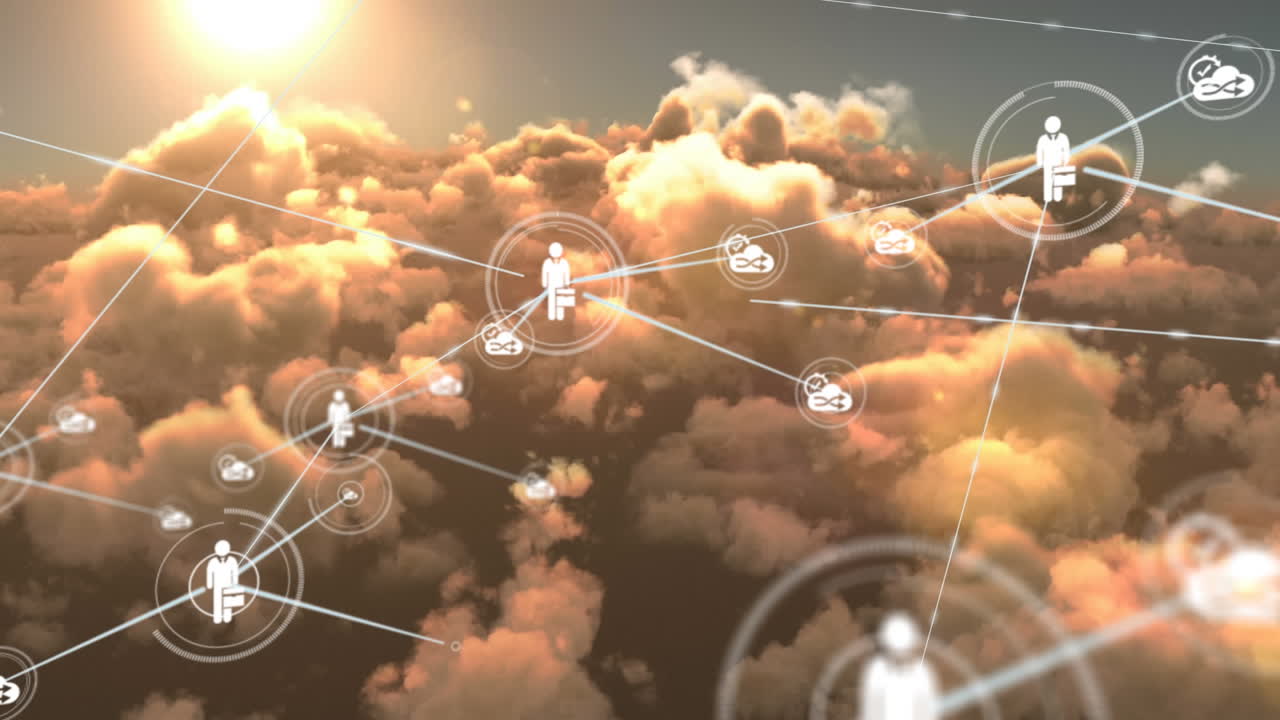 animación de redes de conexiones con iconos en el cielo