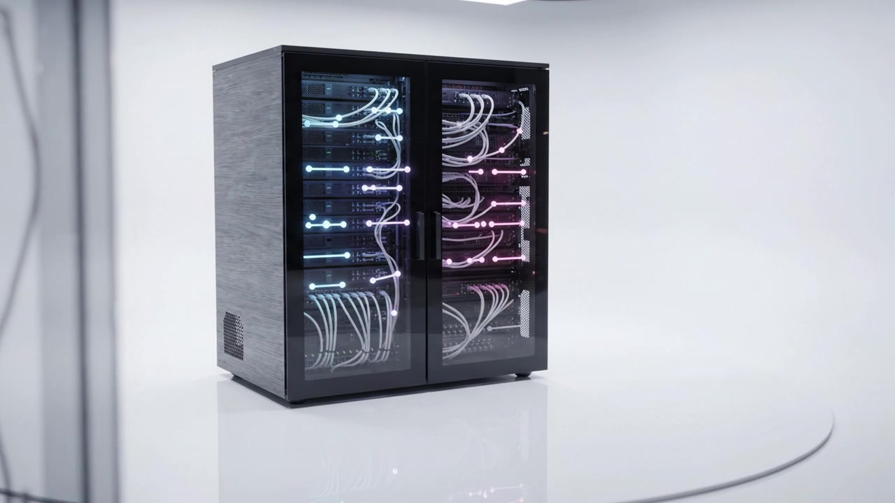 A modern data server cabinet with illuminated cables showcasing cutting-edge technology designed for efficient data management and superior network performance.