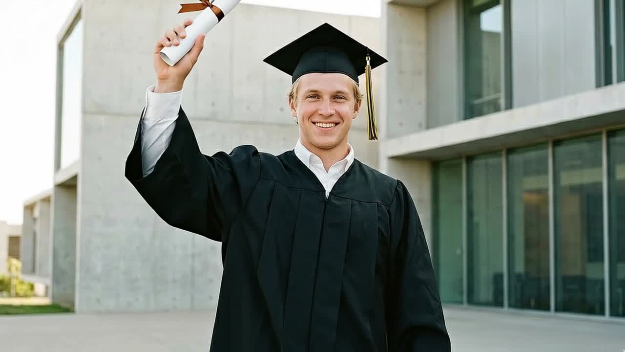 Laureato con diploma in mano sorride orgoglioso fuori da un moderno edificio universitario dopo aver completato il titolo accademico
