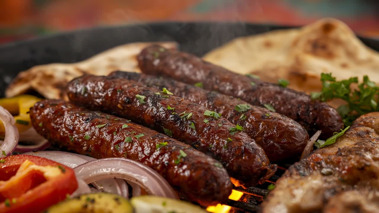 Embers sparking sizzling kebabs on grill charring onion, peppers, warming flatbread and herb flakes