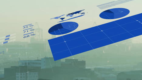 animation of blue infographic interface over fog covered modern cityscape against sky