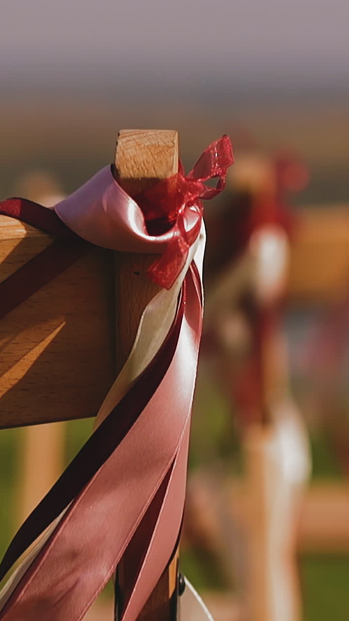 CU, slow motion: empty wooden chair decorated with pink silk ribbon near beautiful wedding venue on green lawn on sunny day backside close view