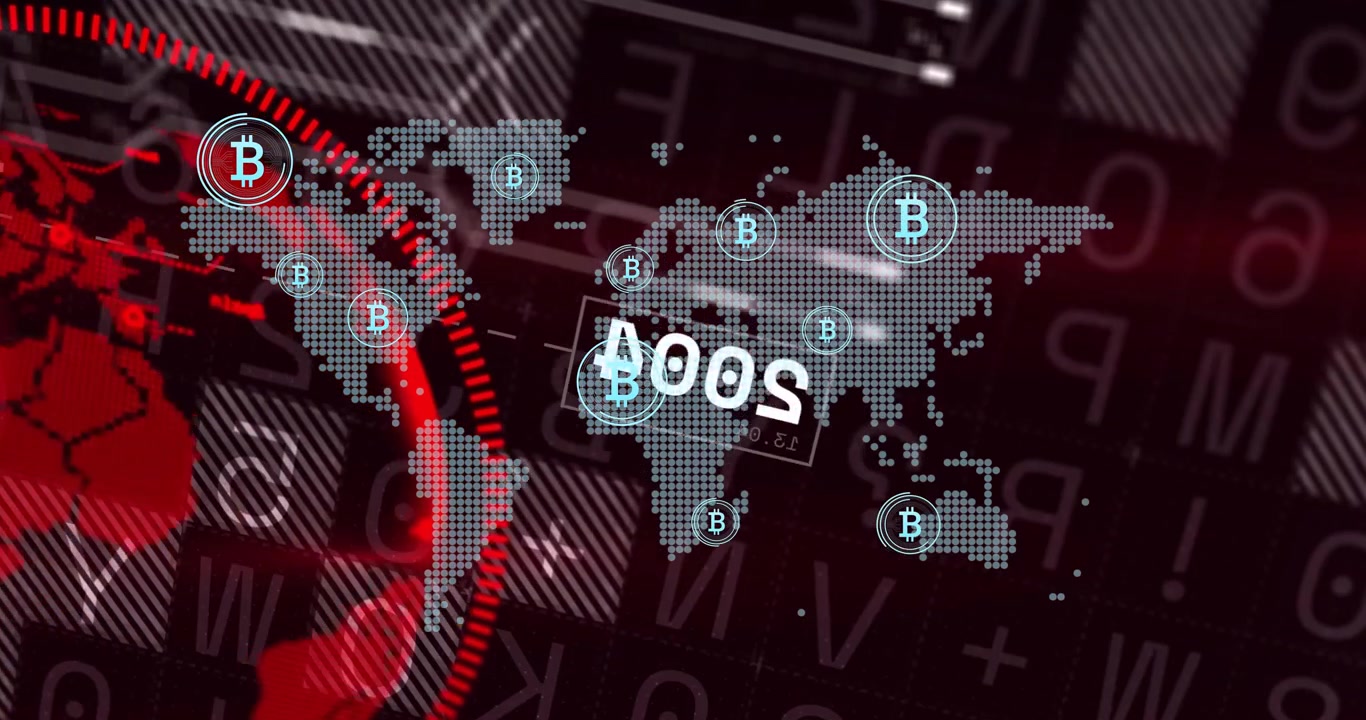 Mappa del mondo puntinata che si anima, icone Bitcoin ciano che compaiono sotto una scansione radar rossa, tracciando la crescita
