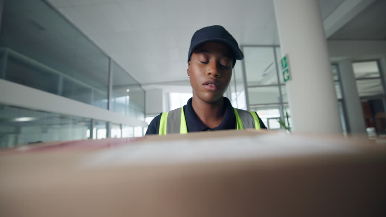 A delivery woman carrying a package indoors